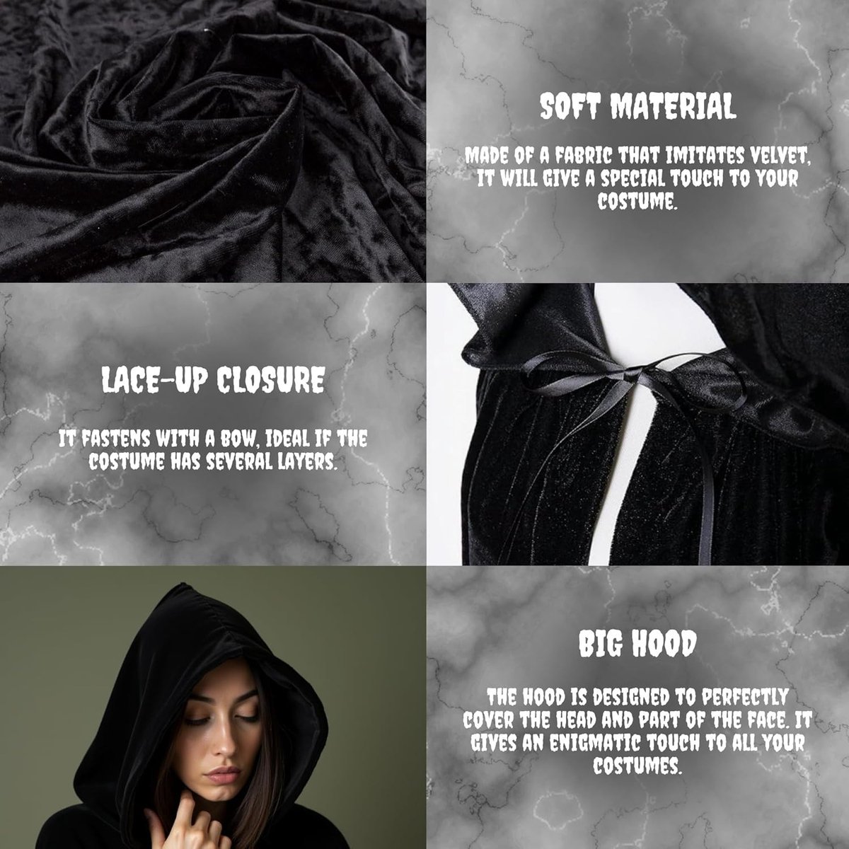 Luxury Black Hooded Velour Coat — 170cm / XXL