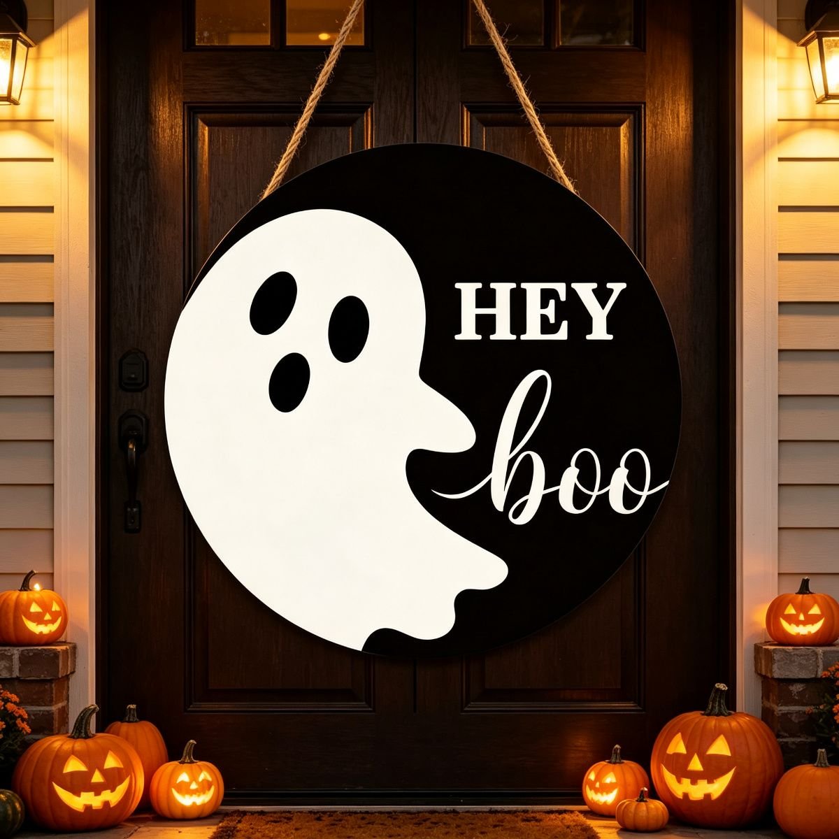 ‘Hey Boo’ Ghost Hanging Sign — 12 inch