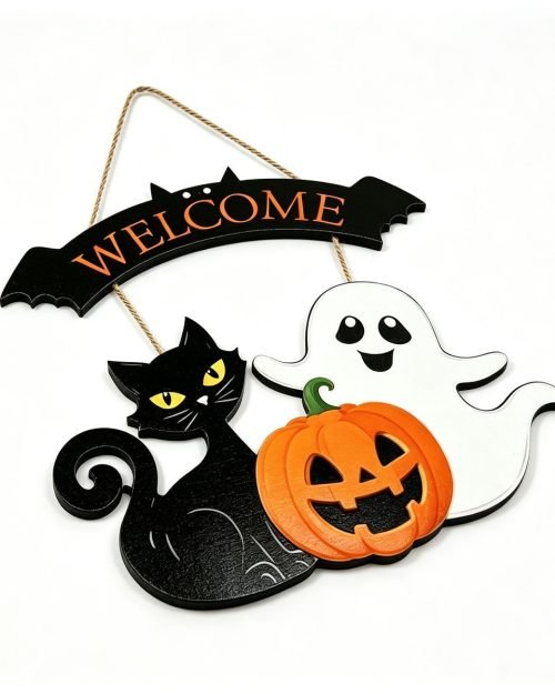 Welcome Black Cat Hanging Sign — 12 inch