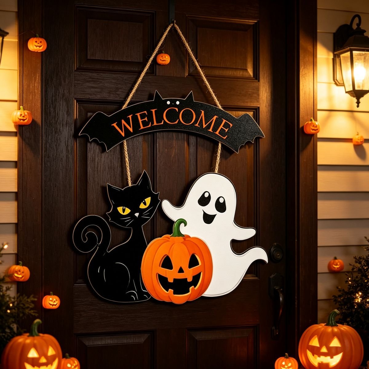 Welcome Black Cat Hanging Sign — 12 inch