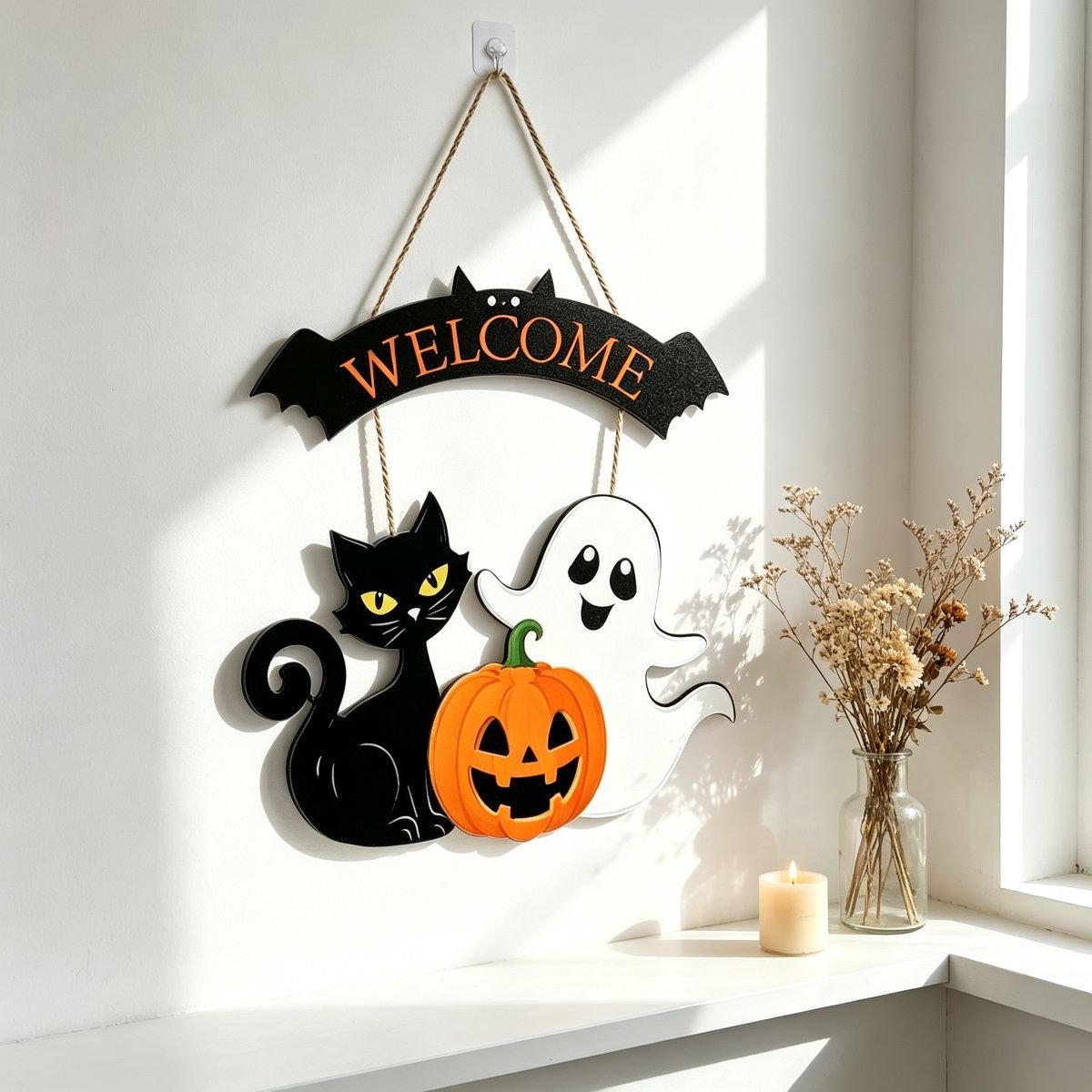 Welcome Black Cat Hanging Sign — 12 inch