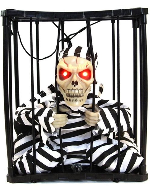 Animated Screaming Caged Skeleton — Light-Up Eyes