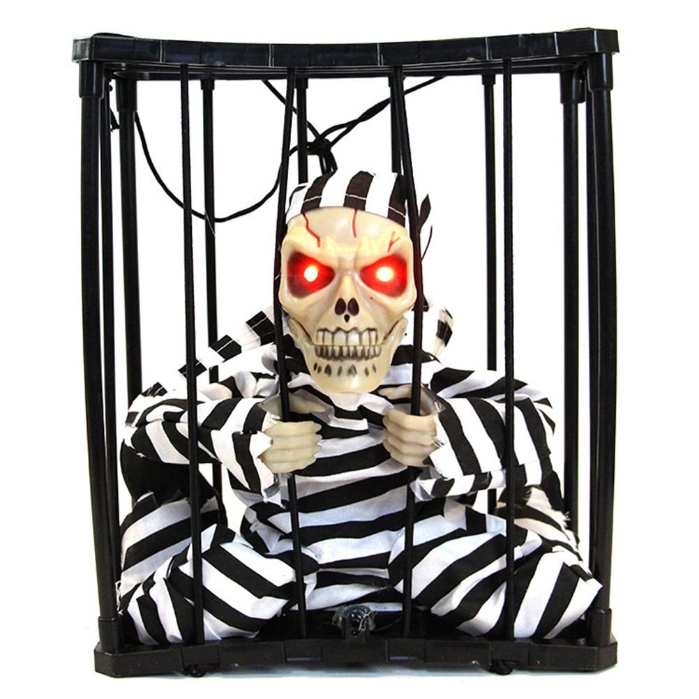 Animated Screaming Caged Skeleton — Light-Up Eyes