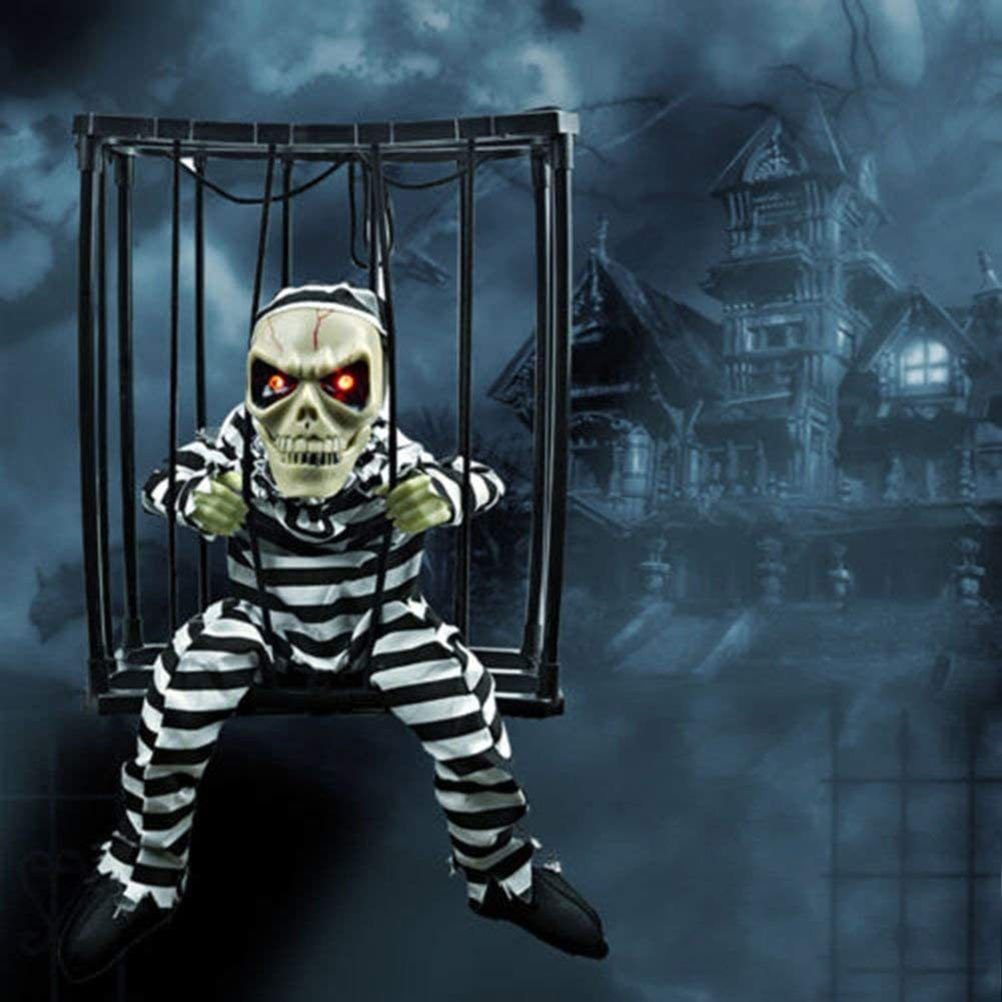 Animated Screaming Caged Skeleton — Light-Up Eyes