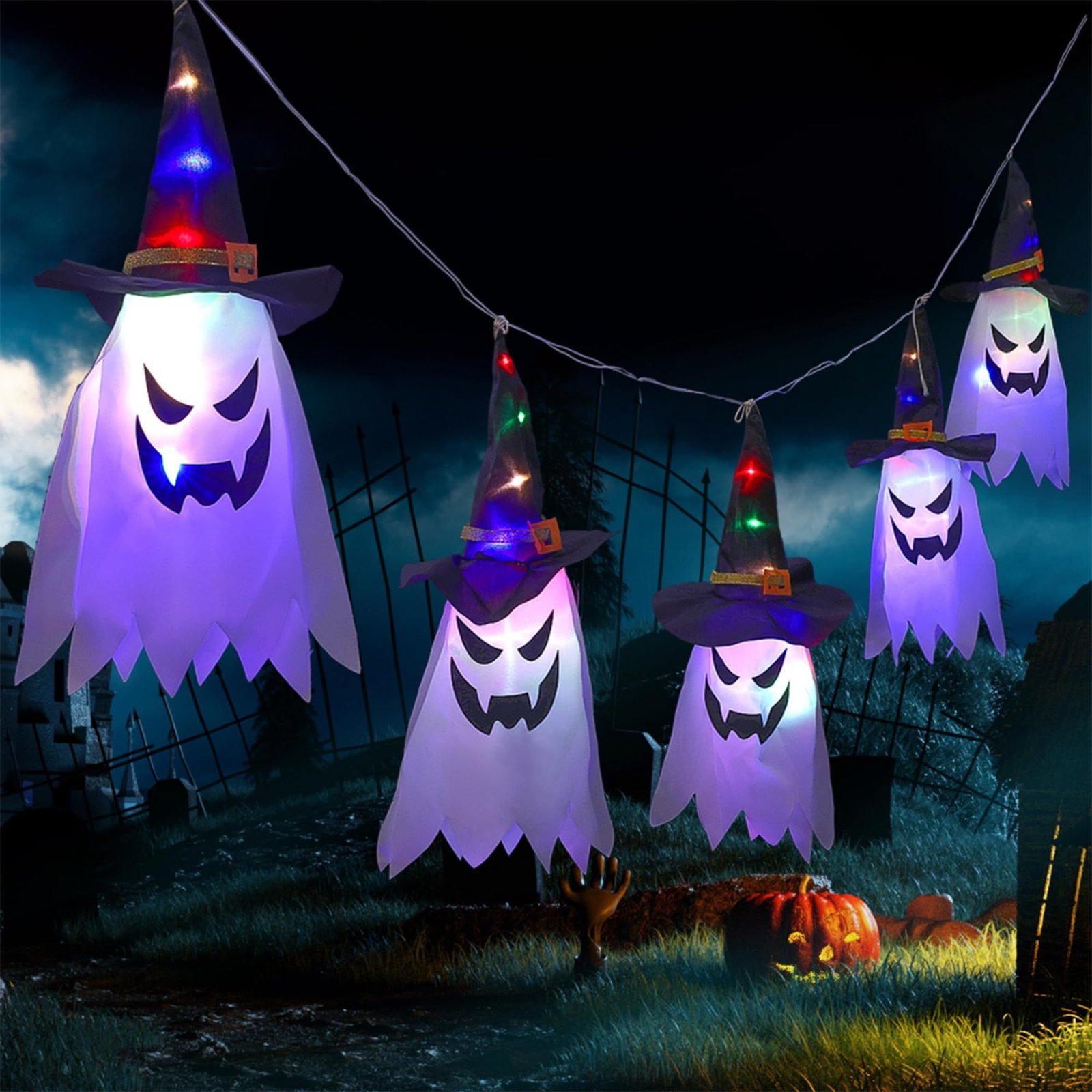 Lighted Hanging Witch Hats — 5 Pack