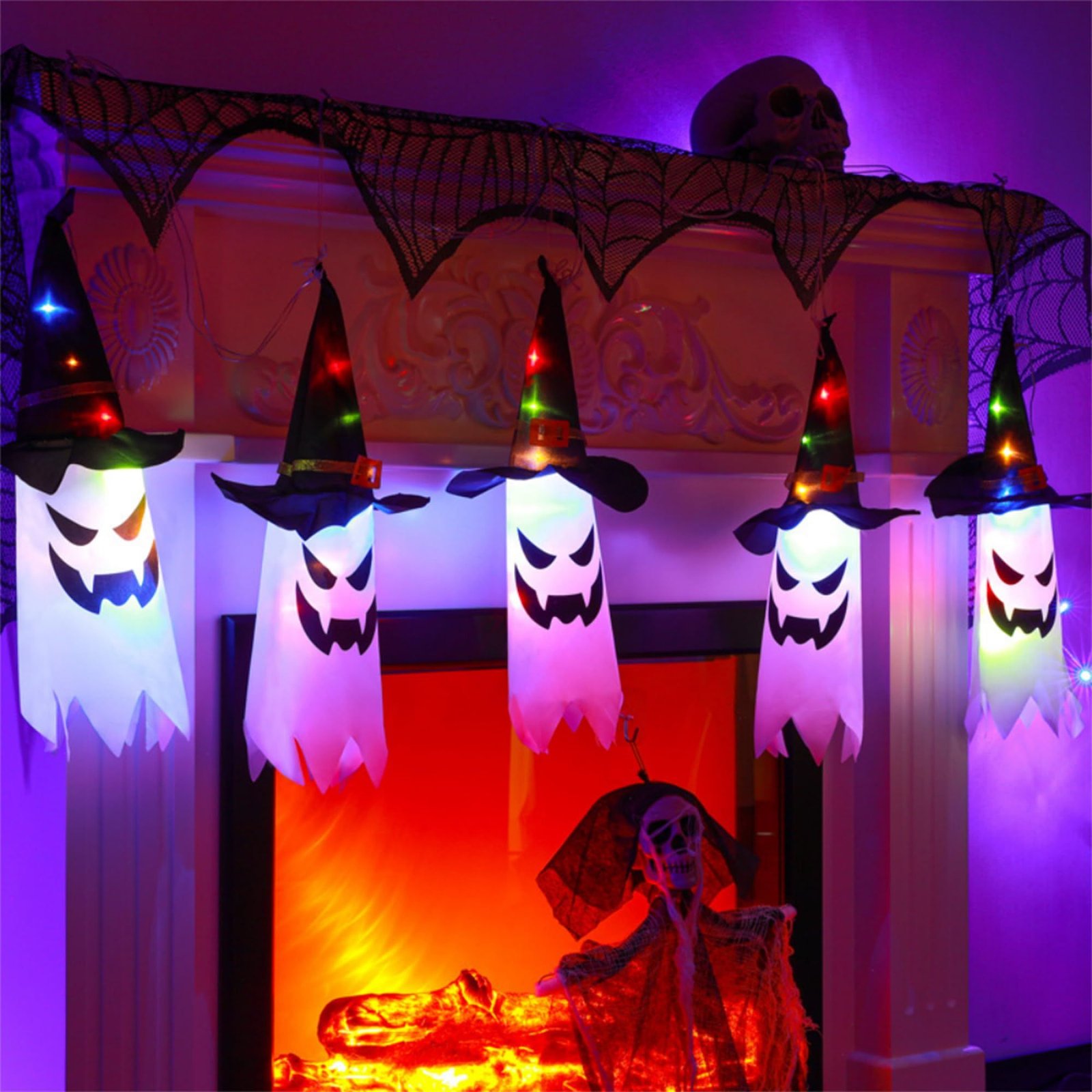 Lighted Hanging Witch Hats — 5 Pack