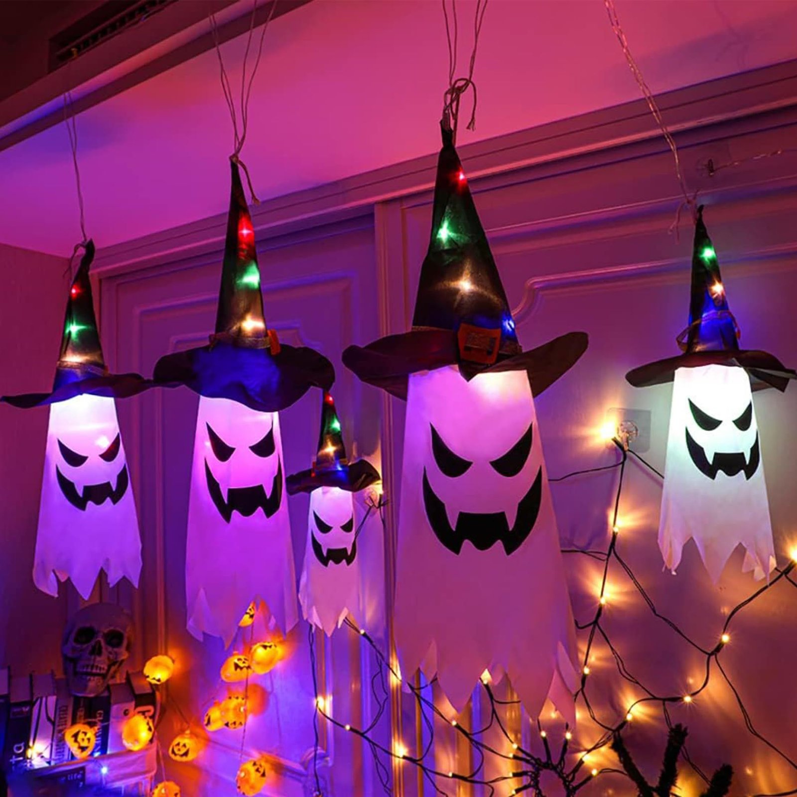 Lighted Hanging Witch Hats — 5 Pack